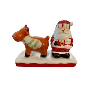Santa and Reindeer In Scarf Christmas Salt and Pepper Shakers with Stand